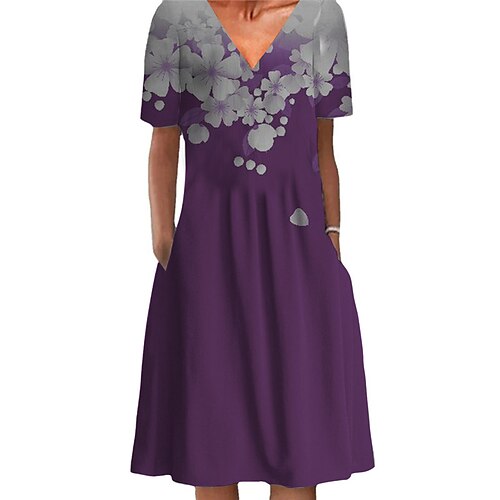 

Women's Shift Dress Knee Length Dress Green Blue Black Purple Short Sleeve Floral Pocket Print Spring Summer V Neck Stylish Casual 2022 S M L XL XXL 3XL
