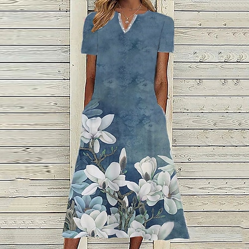 

Women's A Line Dress Midi Dress Blue Short Sleeve Floral Pocket Print Spring Summer V Neck Casual Vacation 2022 S M L XL XXL 3XL