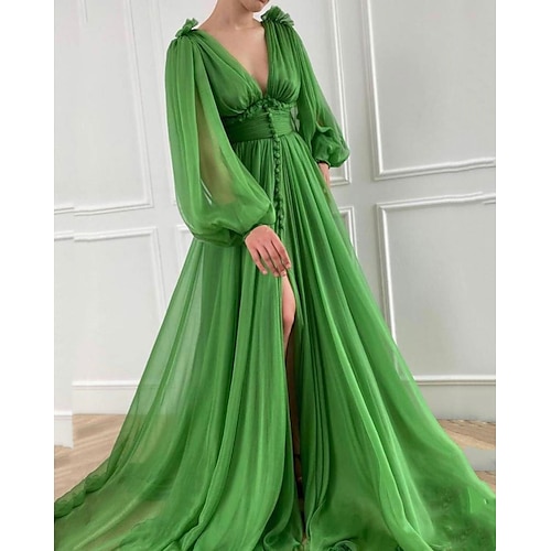 

A-Line Prom Dresses Reformation Amante Dress Wedding Guest Court Train Long Sleeve V Neck Chiffon with Buttons Slit 2022