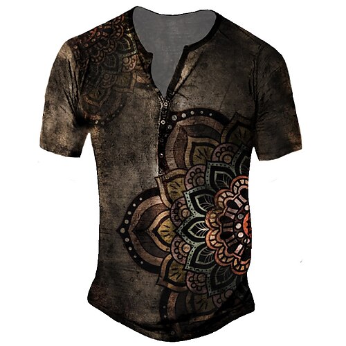

Men's Henley Shirt T shirt 3D Print Floral Graphic Henley Street Casual Button-Down Print Short Sleeve Tops Basic Fashion Classic Comfortable Coffee