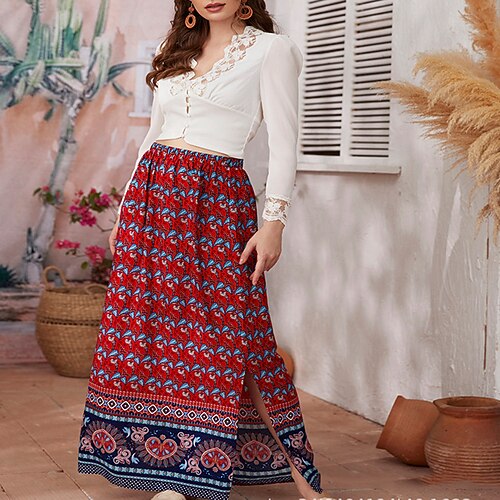

Women's Fashion Boho Long Skirts Holiday Vacation Floral / Botanical Split Red S M L