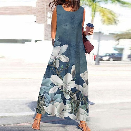 

Mujer Vestido de una línea Vestido largo maxi Azul Piscina Sin Mangas Floral Bolsillo Estampado Primavera Verano Escote Redondo Elegante Casual Vacaciones 2022 S M L XL XXL 3XL