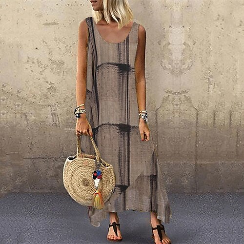 

Women's Shift Dress Maxi long Dress Brown Sleeveless Striped Print Spring Summer U Neck Casual Vacation 2022 S M L XL XXL 3XL