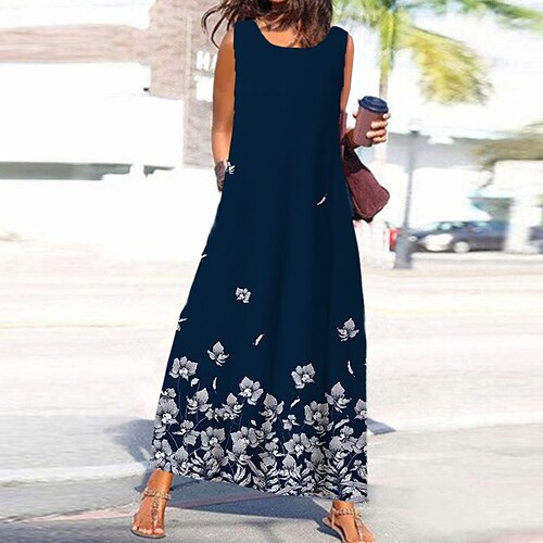 

Women's A Line Dress Maxi long Dress Navy Blue Sleeveless Floral Pocket Print Spring Summer Round Neck Stylish Casual Vacation 2022 S M L XL XXL 3XL