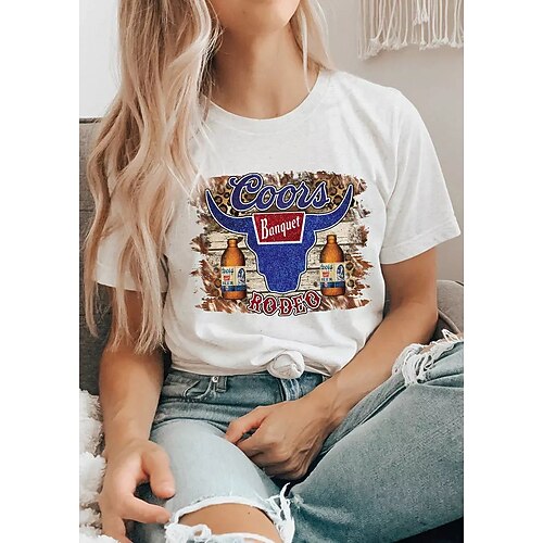 

Women's Painting T shirt Text Cow Print Round Neck Basic Tops White