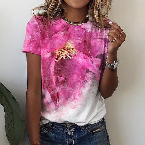 

Women's Floral Theme Painting T shirt Floral Print Round Neck Basic Tops Green Blue Pink / 3D Print