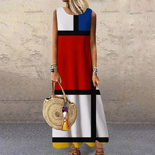 

Women's Casual Dress Maxi long Dress Blue White Pink Light Red Fuchsia Red Yellow Beige Sleeveless Floral Geometric Print Spring Summer Round Neck Casual 2022 S M L XL XXL 3XL