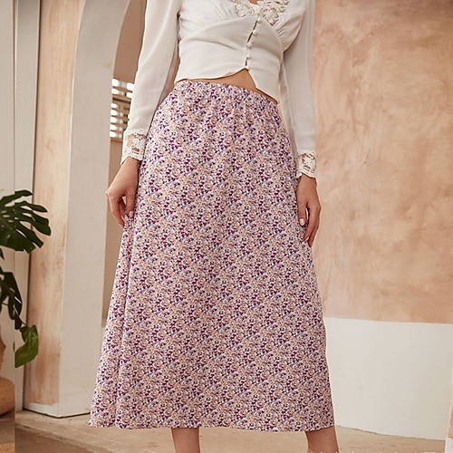 

Women's Fashion Ankle-Length Skirts Vacation Casual / Daily Floral / Botanical Print Purple S M L