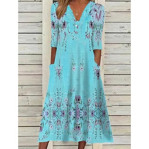 

Women's A Line Dress Midi Dress Blue Half Sleeve Floral Print Ruched Print Spring Summer V Neck Stylish Casual 2022 S M L XL XXL 3XL