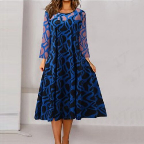 

Women's Shift Dress Knee Length Dress Navy Blue 3/4 Length Sleeve Geometric Print Spring Summer Round Neck Elegant Casual 2022 S M L XL XXL