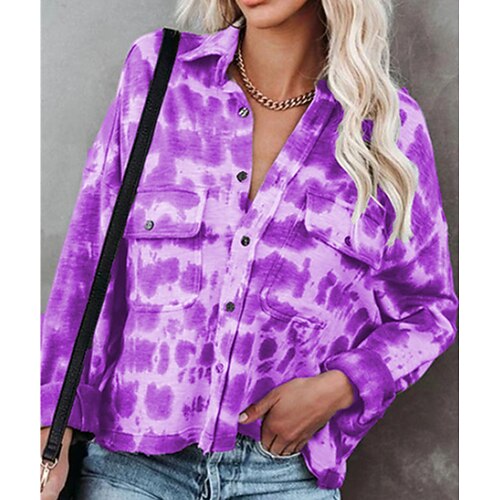 

Women's Blouse Shirt Tie Dye Pocket Button Print Shirt Collar Casual Streetwear Tops Blue Gray Purple / 3D Print