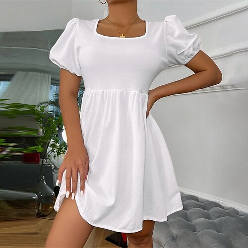 

Women's A Line Dress Short Mini Dress White Pink Wine Light Blue Short Sleeve Pure Color Ruched Spring Summer Square Neck Work Elegant 2022 S M L XL