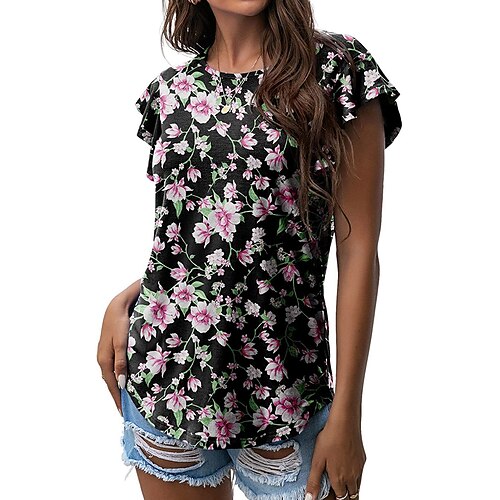 

Women's Floral Theme Painting T shirt Floral Leopard Star Print Round Neck Basic Tops Blue Black Gray / 3D Print