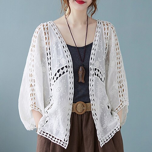 

Women's Casual Jacket Outdoor Street Daily Spring Summer Regular Coat Regular Fit Breathable Elegant Casual Jacket Long Sleeve Solid Color Cut Out White Black Gray