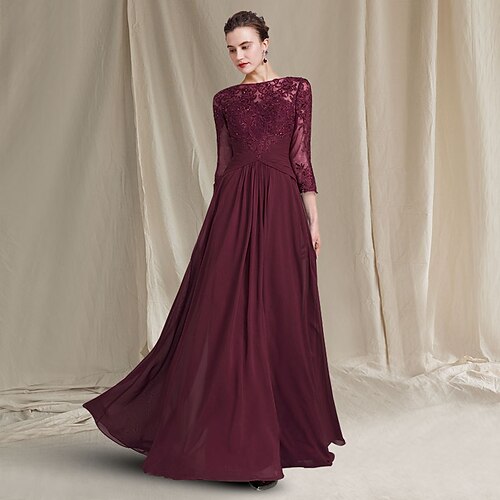 

Sheath / Column Mother of the Bride Dress Plus Size Elegant Jewel Neck Floor Length Chiffon Lace 3/4 Length Sleeve with Ruched Appliques 2022