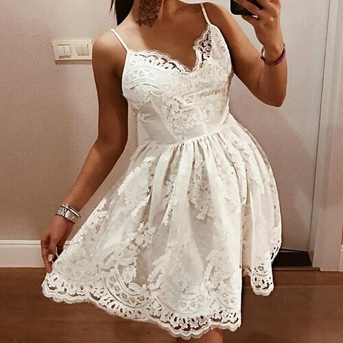 

Women's Strap Dress Knee Length Dress White Sleeveless Pure Color Backless Lace Cold Shoulder Spring Summer Spaghetti Strap Party 2022 S M L XL / Party Dress