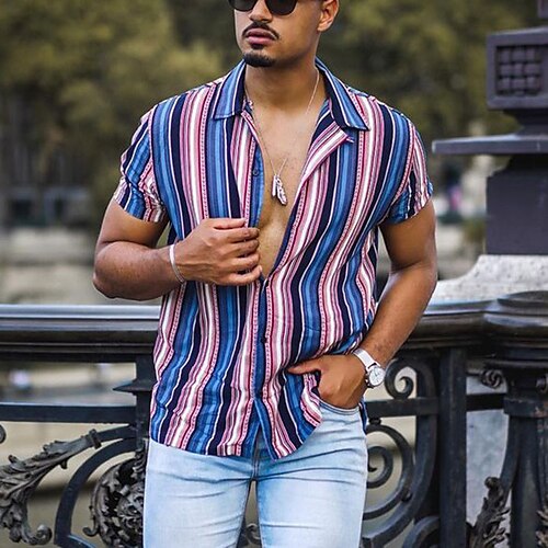 

Men's Shirt Striped Turndown Street Casual Button-Down Short Sleeve Tops Casual Fashion Breathable Comfortable Blue Royal Blue Orange