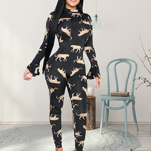 

Women's Jumpsuit Backless Animal Turtleneck Casual Holiday Weekend Regular Fit Long Sleeve Black S M L Spring