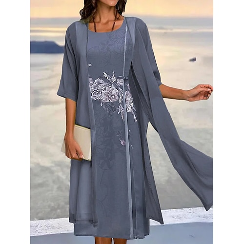 

Dame Kjole sæt To-delt kjole Grøn kjole Midikjole Lilla Grøn Halvlange ærmer Blomstret Chiffon Sommer Forår Rund hals Afslappet Bryllupsgæst 2023 S M L XL XXL 3XL