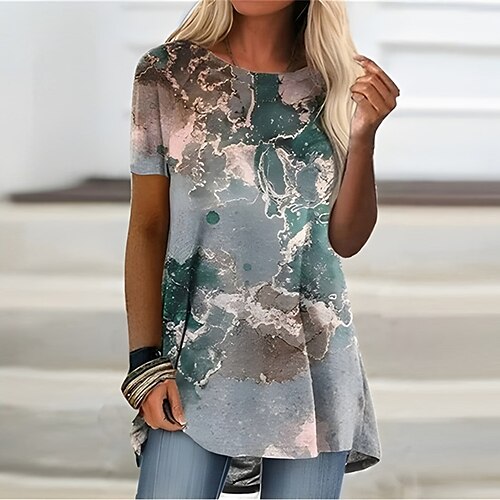 

Women's T Shirt Dress Tee Dress Mini Dress Gray Short Sleeve Color Gradient Print Spring Summer Crew Neck Loose Fit 2022 S M L XL XXL 3XL