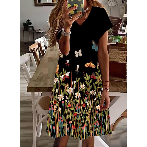 

Mulheres Vestido casual Vestido de turno Preto Manga Curta Floral Imprimir Primavera Verão Decote V Ajuste Largo 2022 S M L XL XXL 3XL