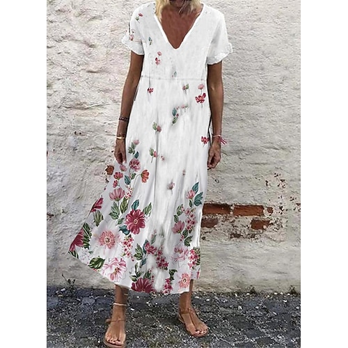 

Women's Casual Dress Midi Dress White Short Sleeve Print Spring Summer V Neck 2022 S M L XL XXL 3XL