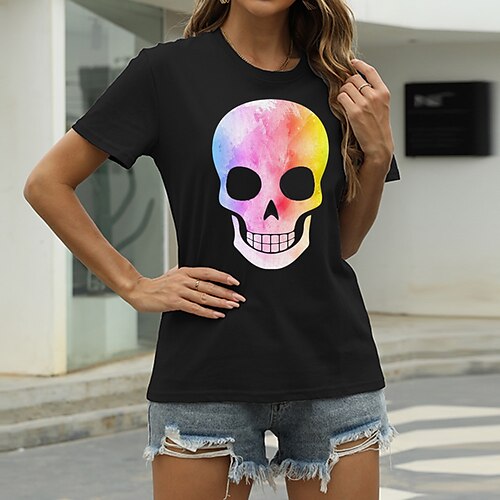 

Women's T shirt Graphic Skull Print Round Neck Basic Tops Green Blue White