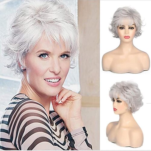

Short Grey Wig for Women Curly Wavy Wig With Bangs Old Lady Natural Looking Layered Fluffy Daily Cosplay Halloween Hair Wigs