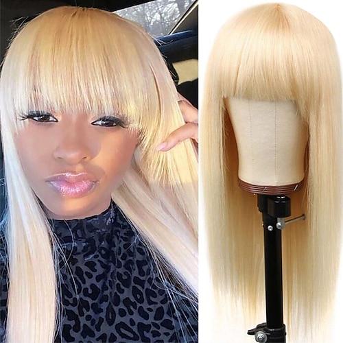 

Straight Wigs With Bangs Virgin Brazilian None Lace Front Wigs Human Hair Wigs 150% Density Glueless Full Machine Made Wigs For Black Women 613 Blonde Capless Human Hair Wig 8-24 Inch
