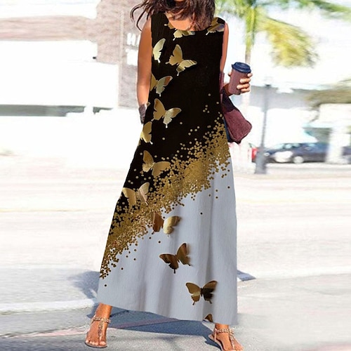

Women's A Line Dress Maxi long Dress Yellow Sleeveless Butterfly Animal Pocket Print Spring Summer Round Neck Stylish Casual Vacation 2022 S M L XL XXL 3XL
