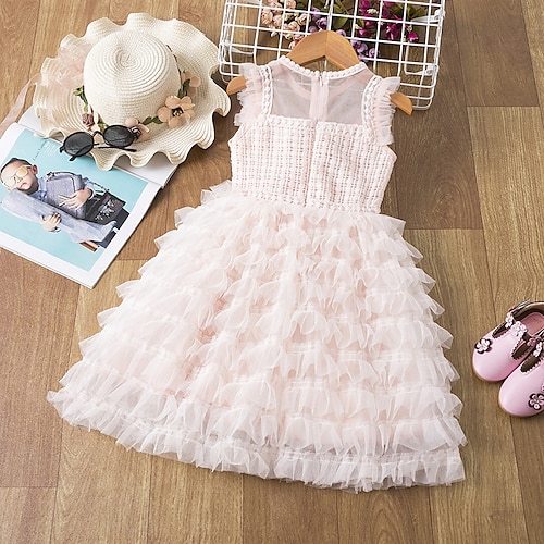 

Kids Girls' Dress Solid Colored Knee-length Dress Lace Trims Sleeveless Dress Summer Pink White