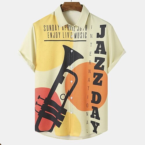 

Men's Shirt Print Letter Turndown Casual Daily Button-Down Print Short Sleeve Tops Casual Fashion Light Yellow