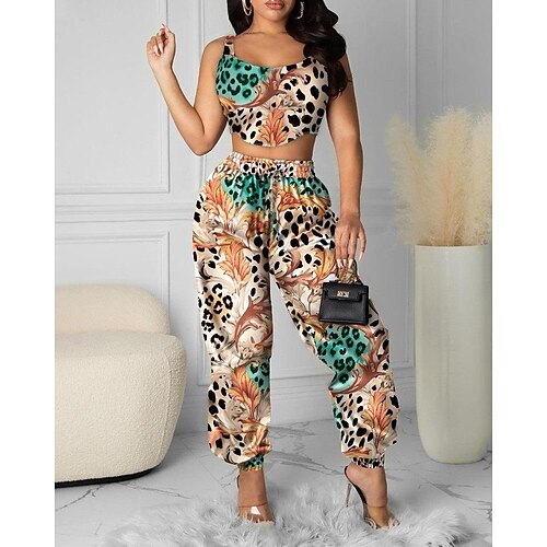 

Women's Crop Cami Top Pants Sets Basic Boho Sexy Green Yellow Cocktail Party Daily Wear Beach Leopard Bell bottoms S M L XL 2XL