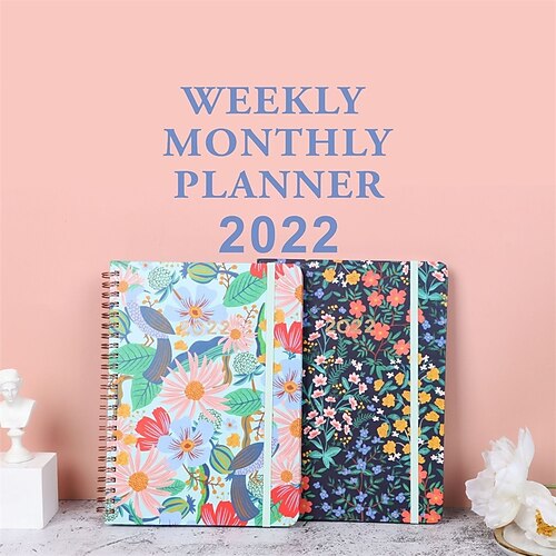 

2022 Spiral Twin-Wire Binding Daily Weekly Monthly A5 5.8×8.3 Inch Classic Paper Hardcover Elastic Closure Agenda Strap Design Planner 100 Pages for School Office Student