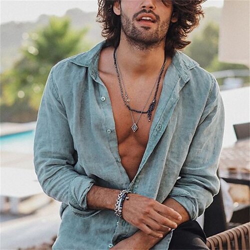 

Men's Shirt Solid Color Turndown Street Casual Button-Down Long Sleeve Tops Casual Fashion Breathable Comfortable Green
