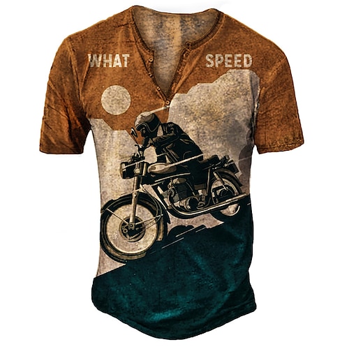 

Men's Henley Shirt T shirt 3D Print Graphic Motorcycle Henley Street Casual Button-Down Print Short Sleeve Tops Basic Fashion Classic Comfortable Orange / Sports / Summer