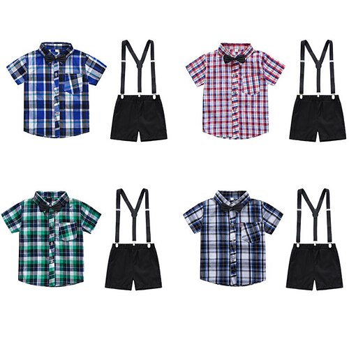 

2 Pieces Kids Boys Shirt & Shorts Clothing Set Outfit Plaid Short Sleeve Patchwork Cotton Set Outdoor Daily Casual Spring Summer 2-8 Years Green Black Blue