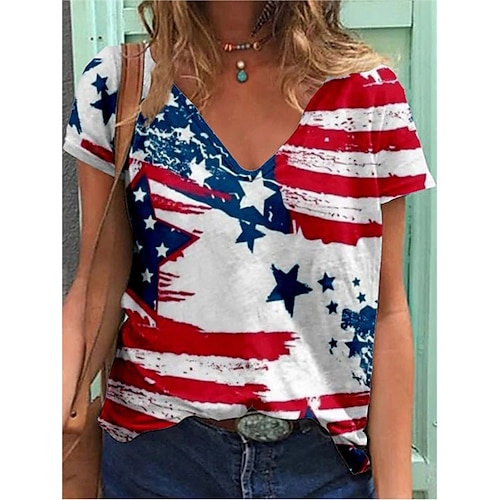 

Women's T shirt Flag Patchwork Print V Neck Basic Tops Rainbow / 3D Print