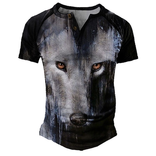 

Men's Henley Shirt Tee T shirt 3D Print Graphic Color Block Wolf Plus Size Henley Daily Sports Patchwork Button-Down Short Sleeve Tops Basic Casual Classic Designer Black