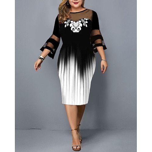 

Women's Plus Size Party Dress Print Crew Neck Ruched 3/4 Length Sleeve Fall Spring Active Elegant Prom Dress Midi Dress Formal Party Dress