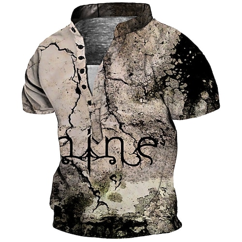 

Men's Henley Shirt Tee T shirt 3D Print Graphic Crack Plus Size Stand Collar Daily Sports Button-Down Print Short Sleeve Tops Basic Casual Vintage Designer Gray