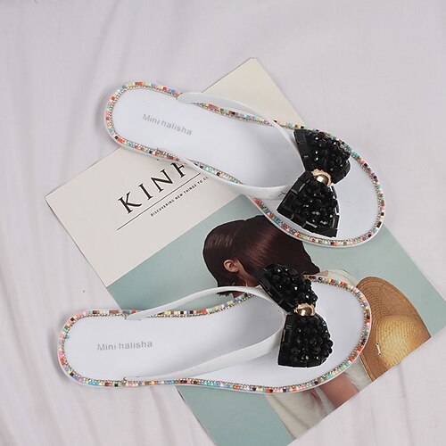 

Women's Flip-Flops Flat Sandals Flip-Flops Outdoor Slippers Rhinestone Flower Flat Heel Round Toe Open Toe Elegant Casual Daily PVC Loafer Spring Summer Solid Colored White Black Gold