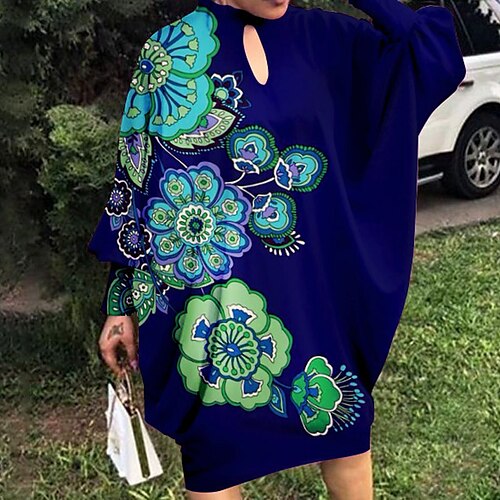

Women's Plus Size Casual Dress Floral Turtleneck Ruched Long Sleeve Fall Winter Casual Midi Dress Causal Daily Dress / Print