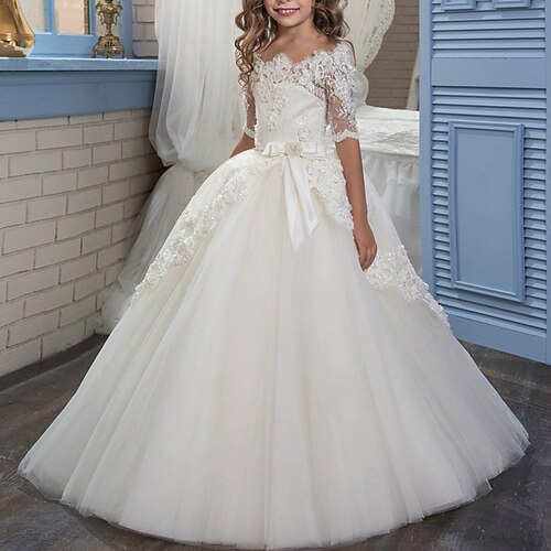 

Wedding Party Princess Flower Girl Dresses Off Shoulder Floor Length Polyester / Cotton Blend Winter Fall with Lace Bow(s) Cute Girls' Party Dress Fit 3-16 Years