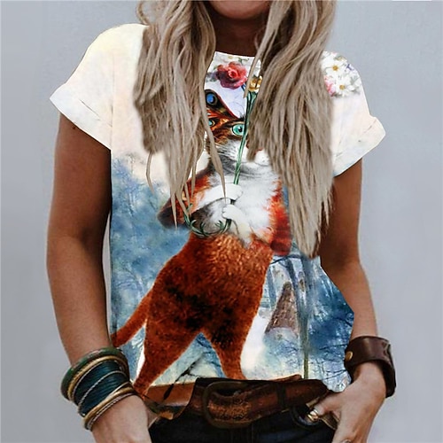 

Women's Plus Size Tops T shirt Floral Cat Print Short Sleeve Crewneck Streetwear Daily Going out Cotton Spandex Jersey Spring Summer White