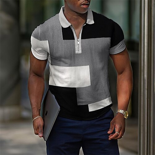 

Men's Collar Polo Shirt Golf Shirt Quarter Zip Polo Color Block Turndown Gray Hot Stamping Street Casual Short Sleeve Zipper Print Clothing Apparel Sports Fashion Classic Comfortable / Summer