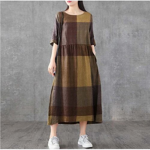 

Women's Casual Dress Midi Dress Blue Yellow Wine Half Sleeve Plaid Patchwork Fall Spring Autumn Crew Neck Basic Weekend 2022 S M L XL XXL 3XL 4XL 5XL