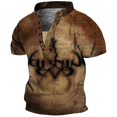 

Men's Henley Shirt Tee T shirt 3D Print Graphic Letter Plus Size Stand Collar Daily Sports Button-Down Print Short Sleeve Tops Basic Casual Vintage Designer Brown