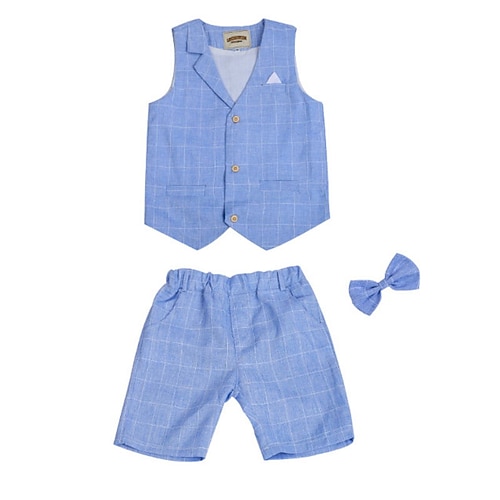 Kids Boys Suit Vest Shorts Set Clothing Set 3 Pieces Sleeveless Blue Gray Pink Plaid Formal Birthday Gentle Preppy Style 4-13 Years