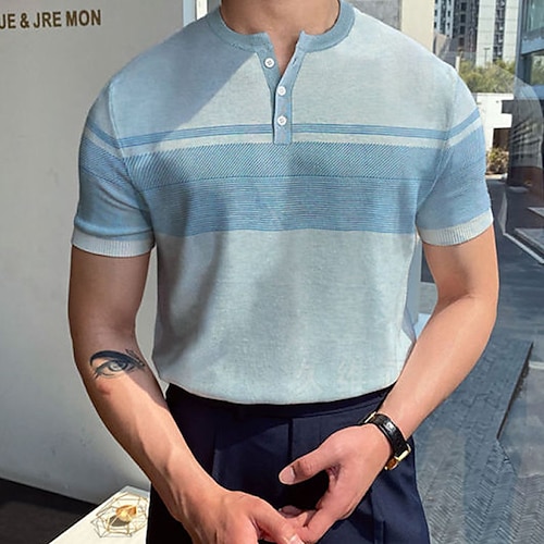 

Men's Shirt Striped Henley Street Casual Button-Down Short Sleeve Tops Casual Fashion Breathable Comfortable Blue
